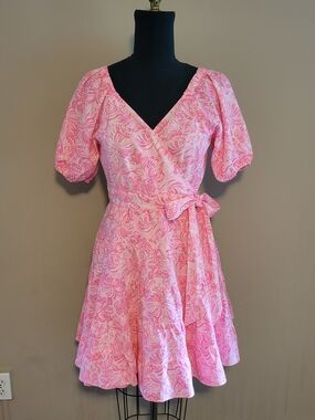 Lilly Pulitzer Iralee Dress Pink Floral Wrap Dress with Puff Sleeves